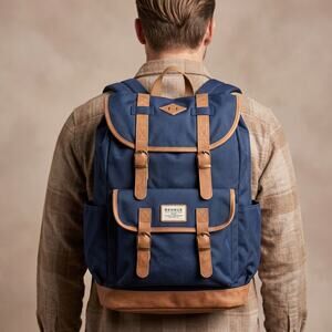 Benrus Unisex Heritage Backpack Navy Tan Faux Leather Trim Buckle Rucksack Large